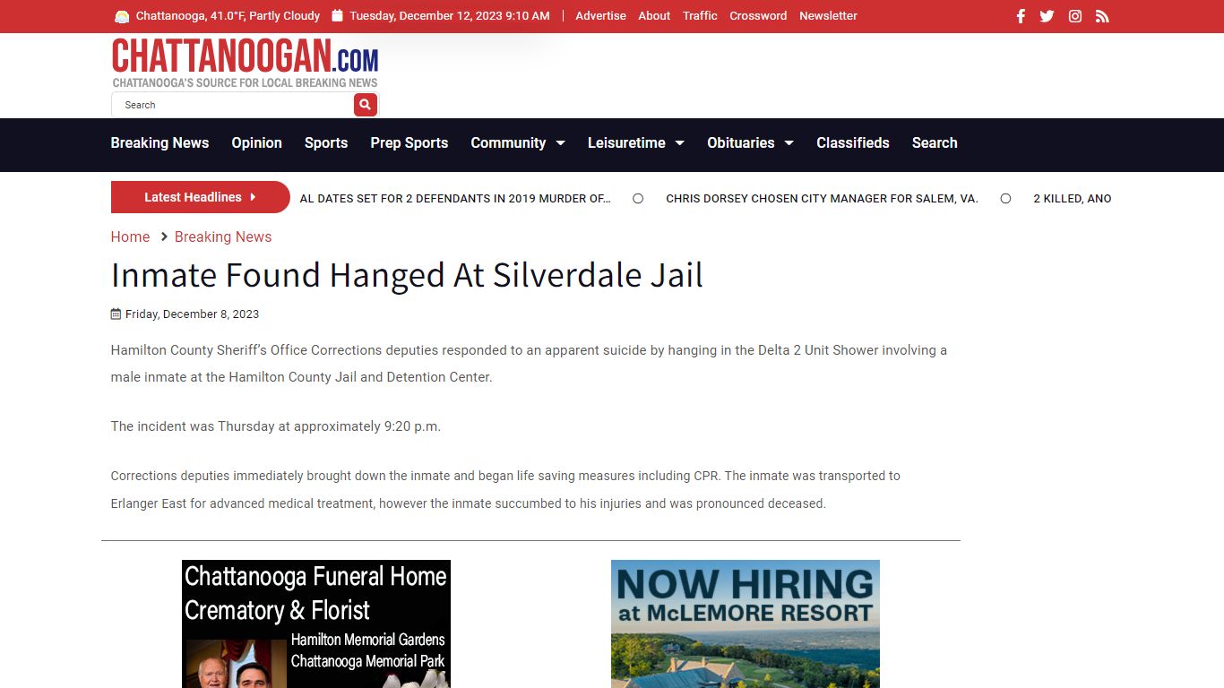 Inmate Found Hanged At Silverdale Jail - Chattanoogan.com